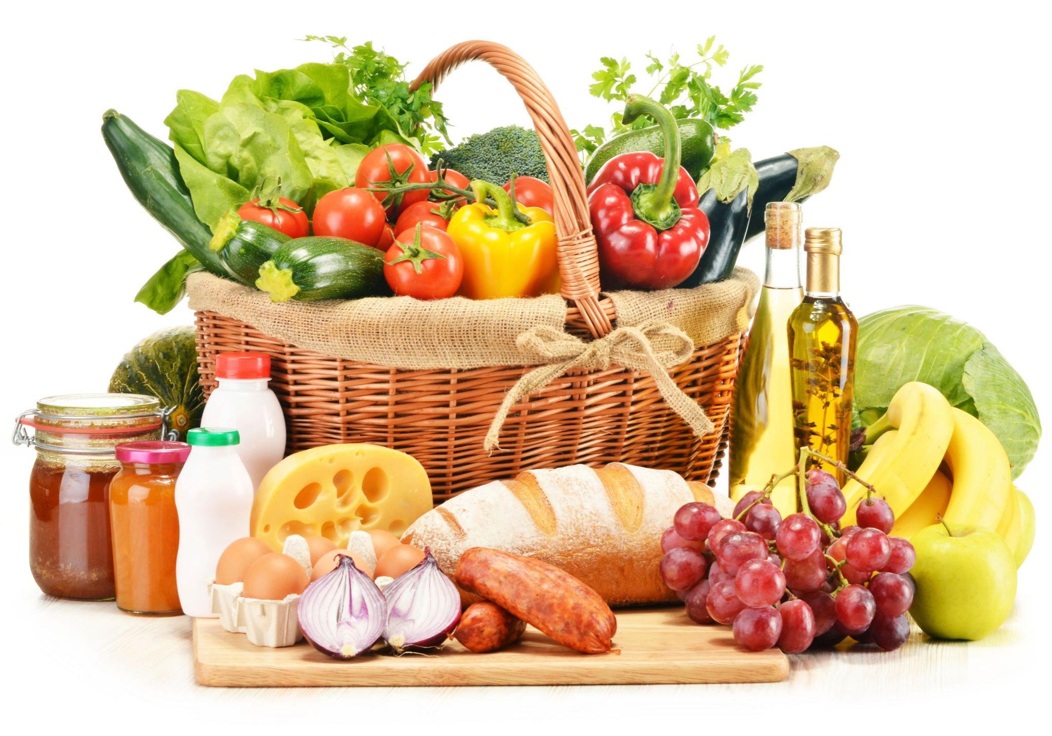 Composition with variety of grocery products isolated on white